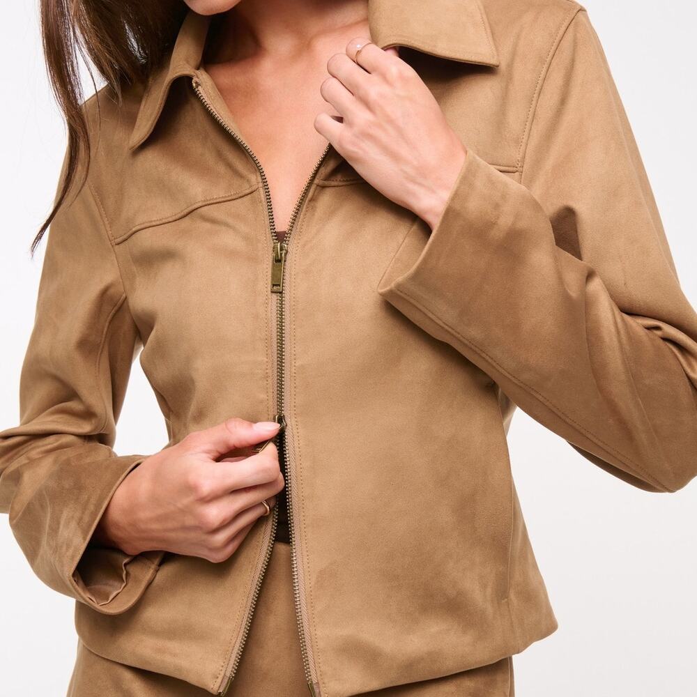Abercrombie & Fitch Slim Zip Vegan Suede Jacket L Camel Brown Classic Coat